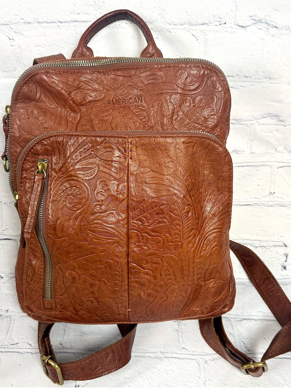 American Leather Co. Cleveland Backpack Purse Brown Tooled Classic Floral